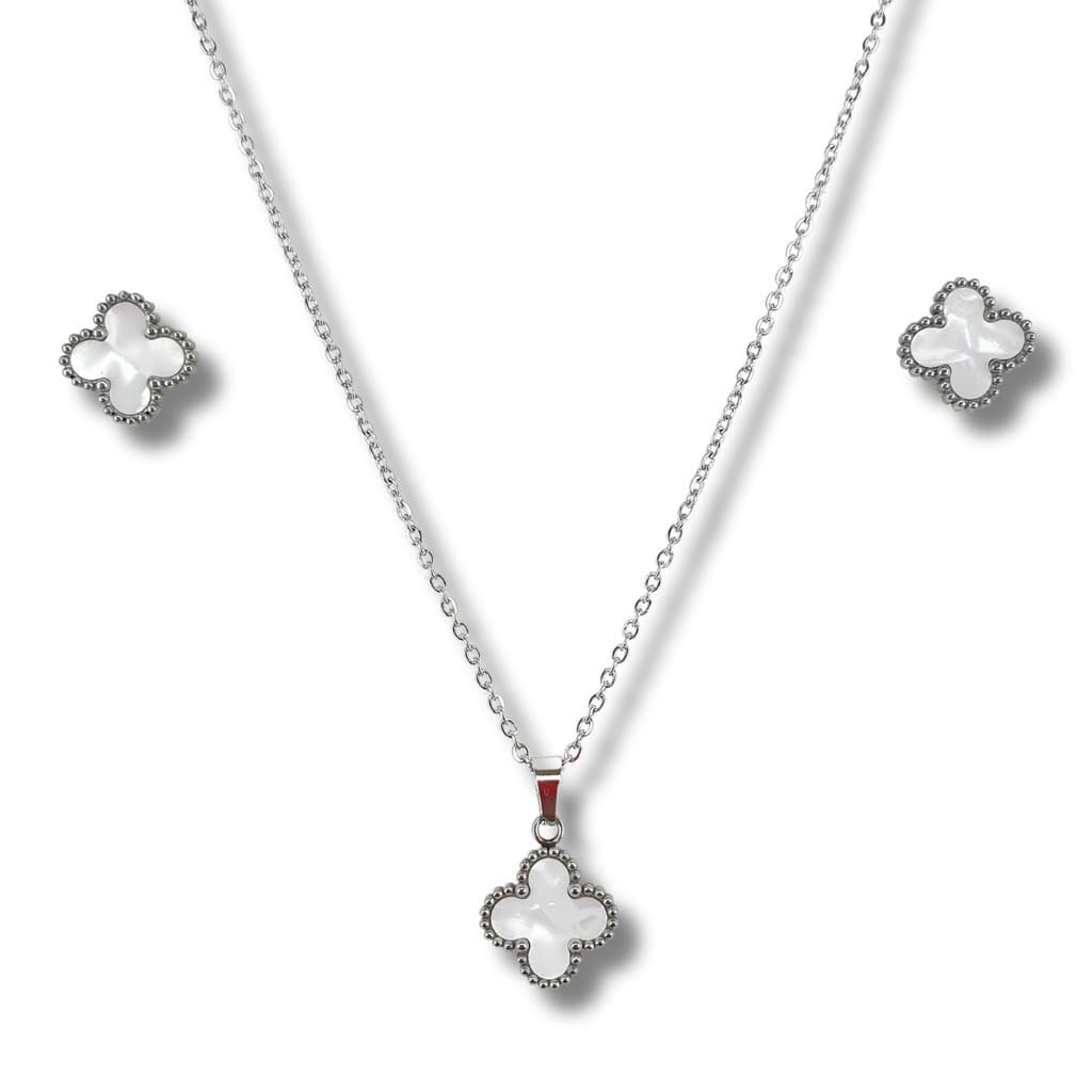 Conjunto Feminino Colar + Par Brincos Aço Trevo Madre Perola