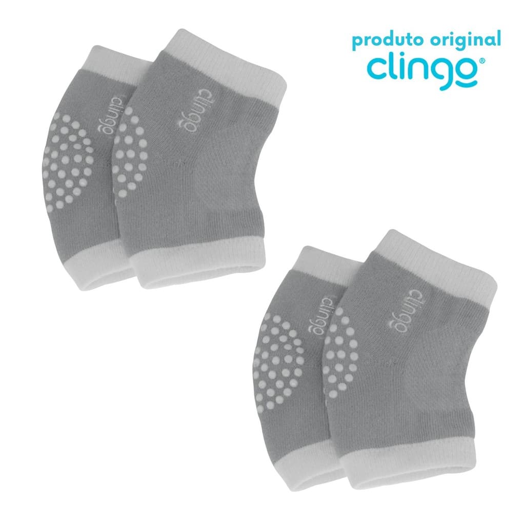 2x Joelheira Antiderrapante Clingo Branco/Cinza - Proteção Confortável para o Bebê Engatinhar