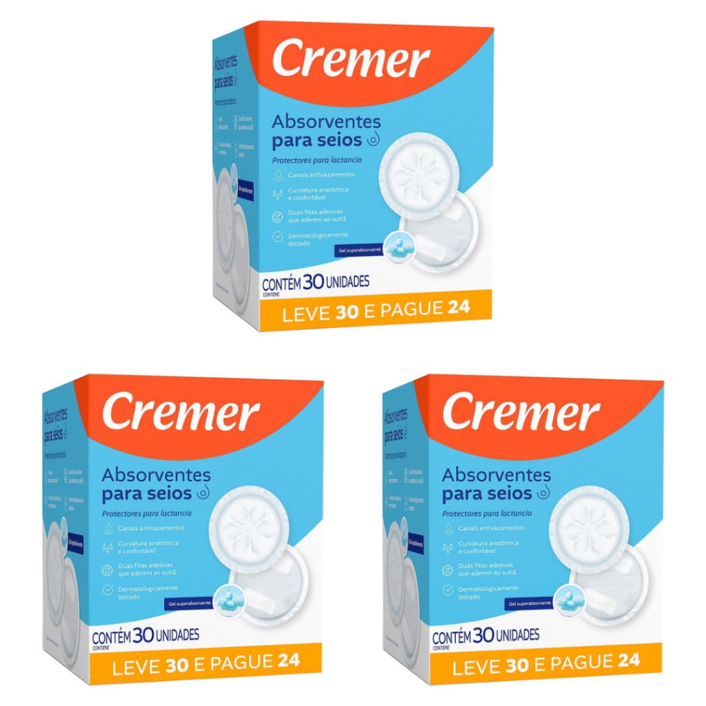 Kit 3 Absorventes para Seios Cremer 30un - Total 90 Unidades