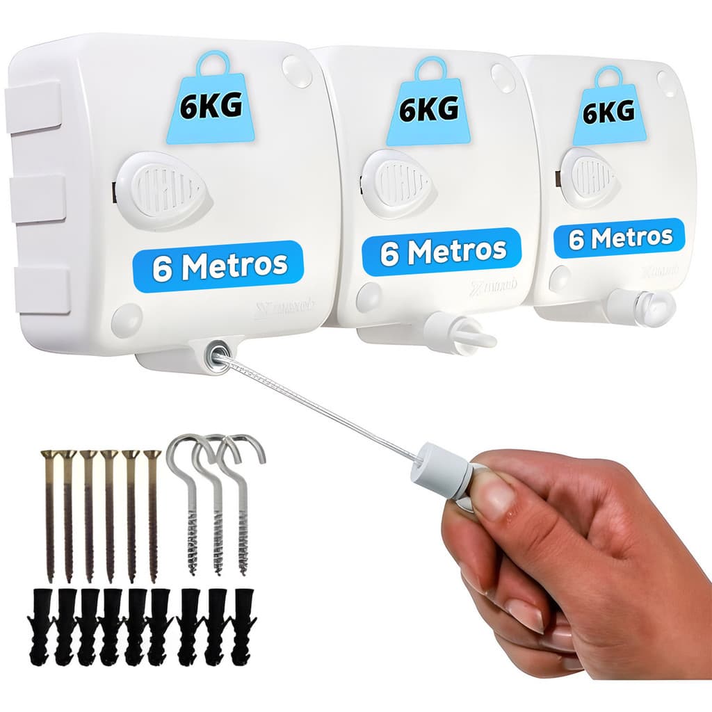 Varal Automático Recolhível Parede 3 Cordas 6 metros Cada Invisível Com Trava Segurança