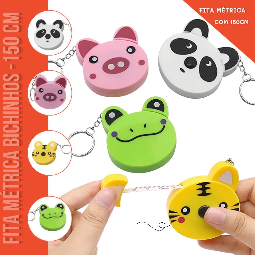 Kit Fita Métrica Bichinhos Trena - 150cm - C/1 unid. ou 4 Unid. Retrátil Costura Patchwork