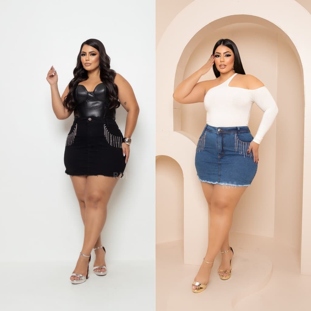 saia jeans feminina plus size c/ lycra detalhada com strass Moda Feminina