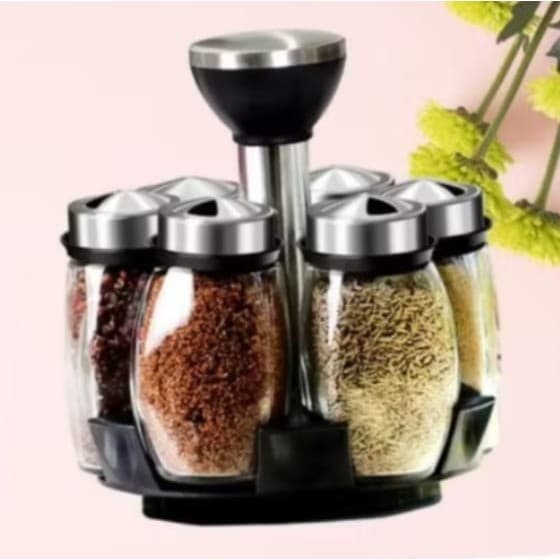 Porta tempero de mesa saleiro condimentos giratória 6 potes de vidro e aço inox