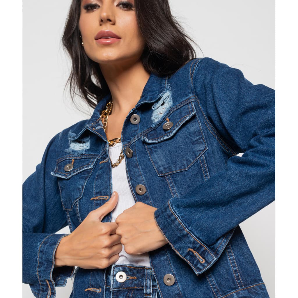 Jaqueta Jeans Escura Com Rasgos Salvatore Fashion