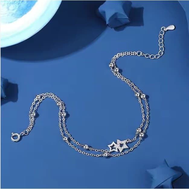 Pulseira EK Estrelas PrataS925 dupla camada e pedra de zircônia
