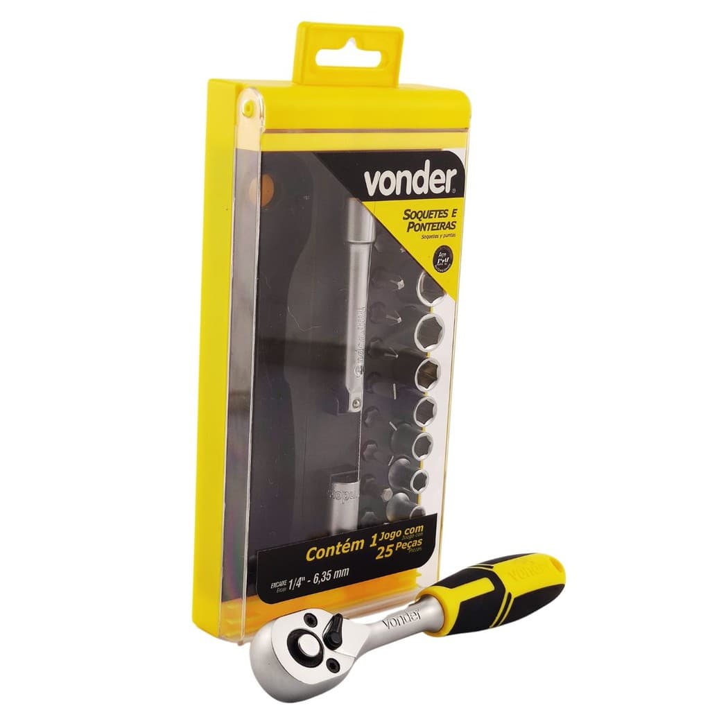 Kit Chave Catraca com 24 Bits Sextavados, Allen, Phillips e Fenda 4mm a 13mm 1/4" Vonder