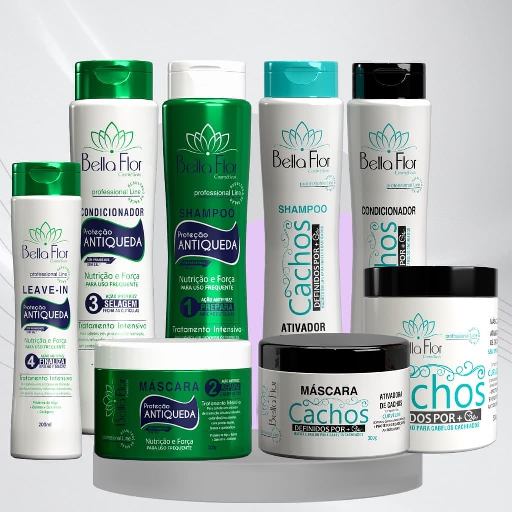 2 Kits Capilares Anti-Queda e Cachos 8 Produtos Bella Flor Definição Anti-Frizz Tratamento Capilar