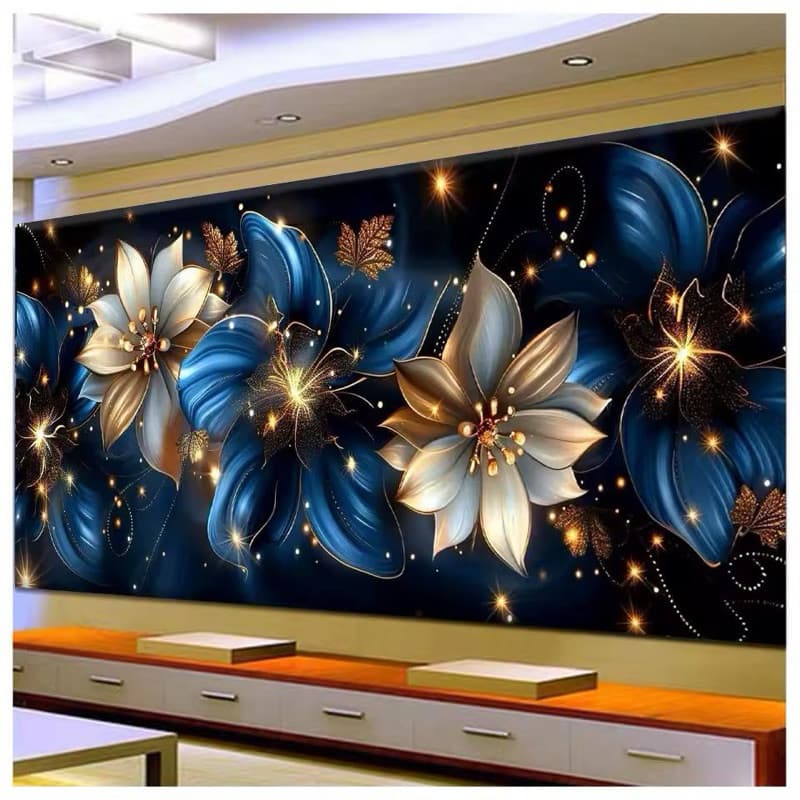 Quadro Decorativo Flores Azul Diamante Luxo Artesanal Sala Quarto- Brilho em estampa - Arte em diver