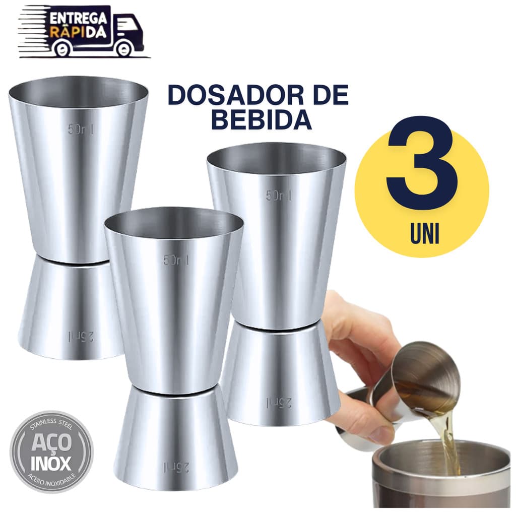Kit 03 Unidades Dosador Duplo Aço Inox Bebidas Drinks 25 ML E 50 ML Premium