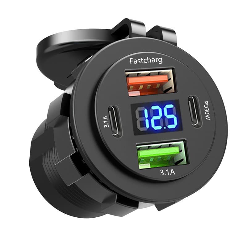 Carregador De Carro De 4 Portas 12V-24V Com Carregamento USB Rápido De 56 W Tipo C PD Soquete Voltímetro Interruptor Lig