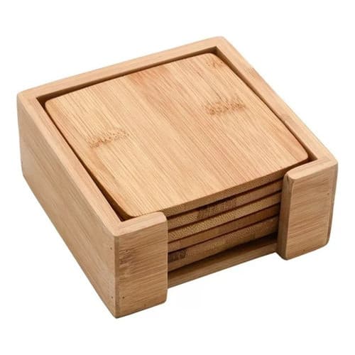 Jogo Porta Copos Quadrado Bambu 6 Peças Suporte Descanso