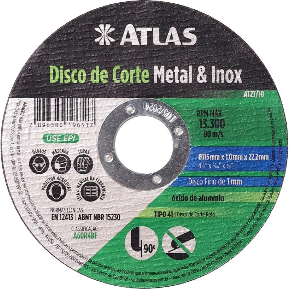 DISCO DE CORTE METAL INOX 115X1 ATLAS