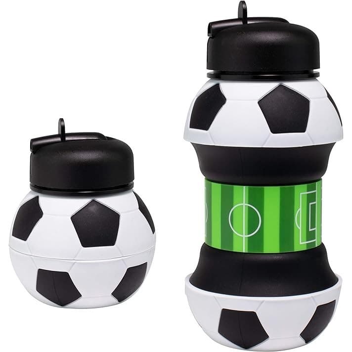 kit Garrafa Água Infantil Bola Dobrável 550ml Squeeze Futebol Basquete Flexível Retrátil Decoração Alça