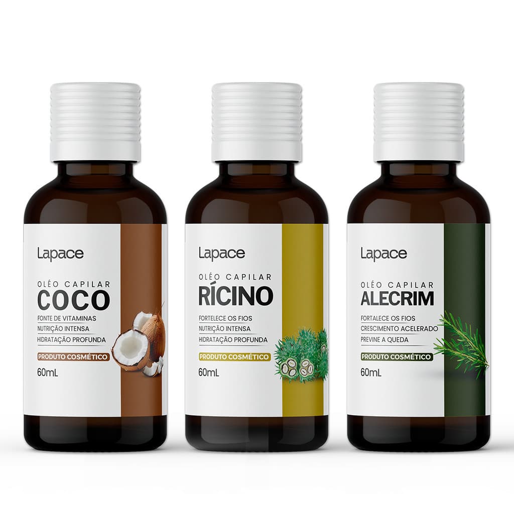 Kit Terapia Capilar 3 Óleos Coco + Rícino + Alecrim 60ml Lapace Nutrição Hidratação Fortalecimento