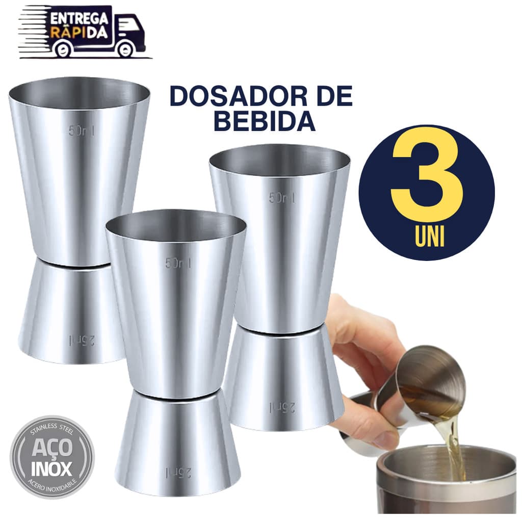 Kit 03 Unidades Dosador Duplo Aço Inox Bebidas Drinks 25 ML E 50 ML Premium