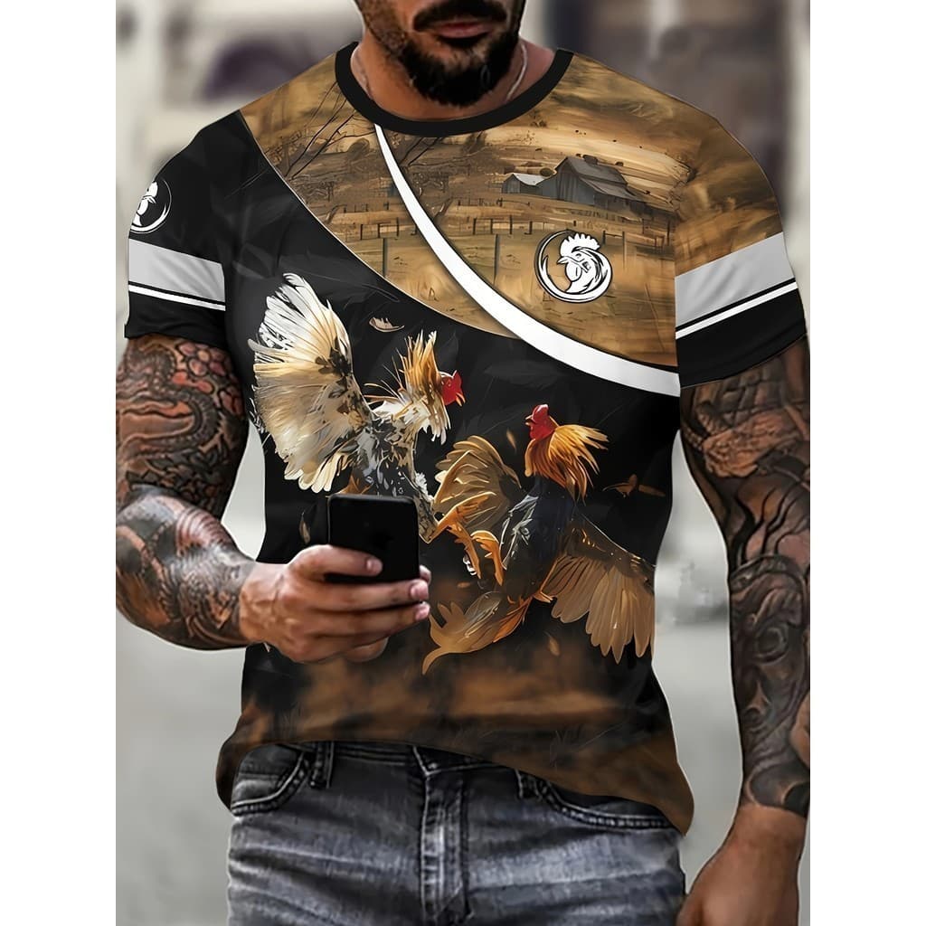Padrão De Galo Masculino Estilo Criativo E # 39 Camiseta De Manga Curta Com Gola Redonda , Fashion Fit