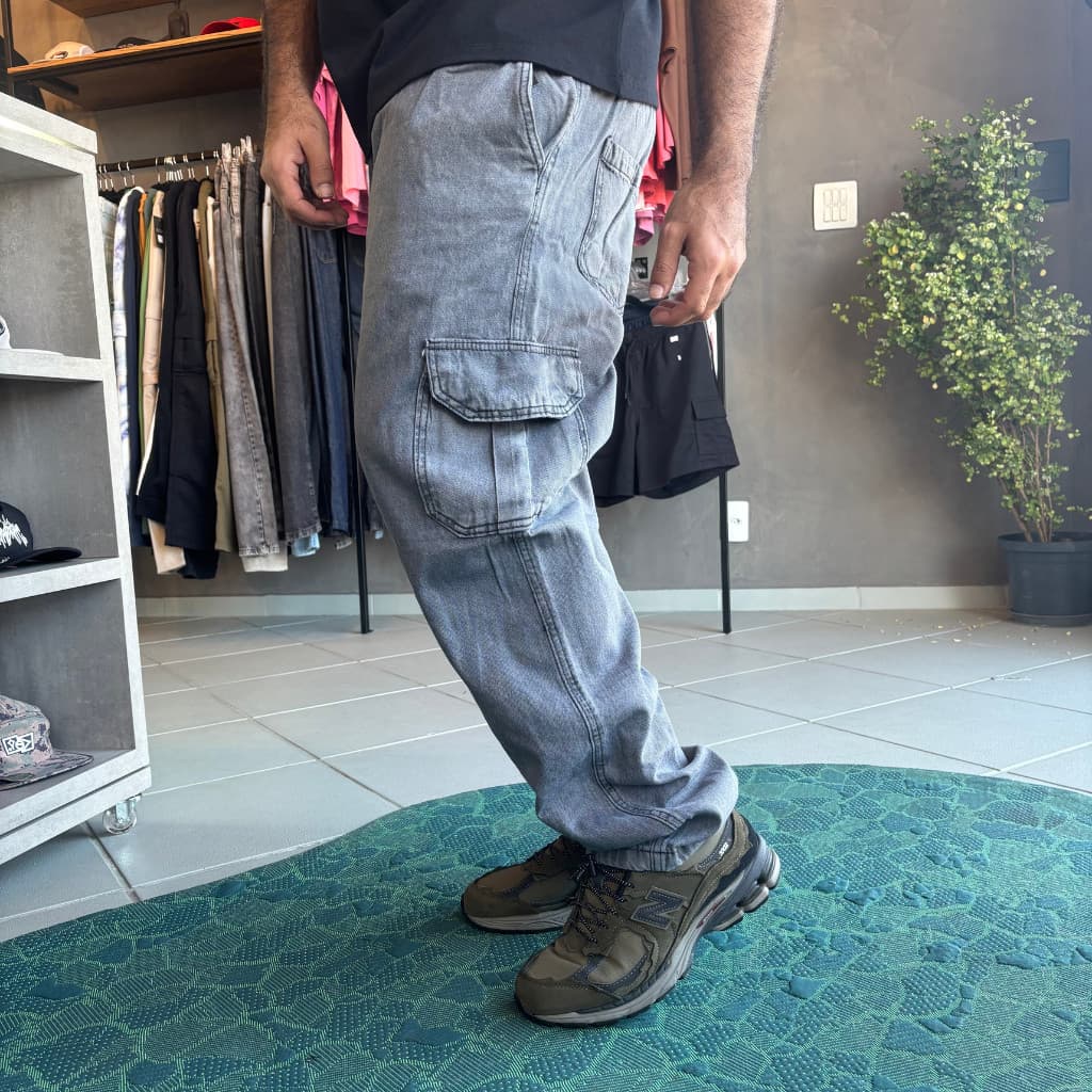 Calça Cargo Jeans Cinza Estonado Marmorizado