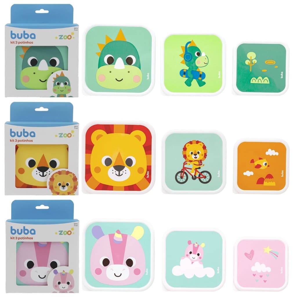 Kit 3 Potinhos Infantil Papinha Lanchinho Buba Zoo Dino Leão Unicórnio