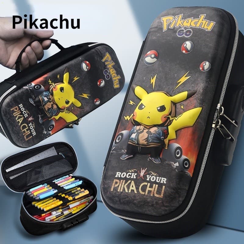 Estojo De Lápis De Animação Pokémon Pikachu Bloqueio De Senha De Estudante Estacionário De Grande Capacidade 3D