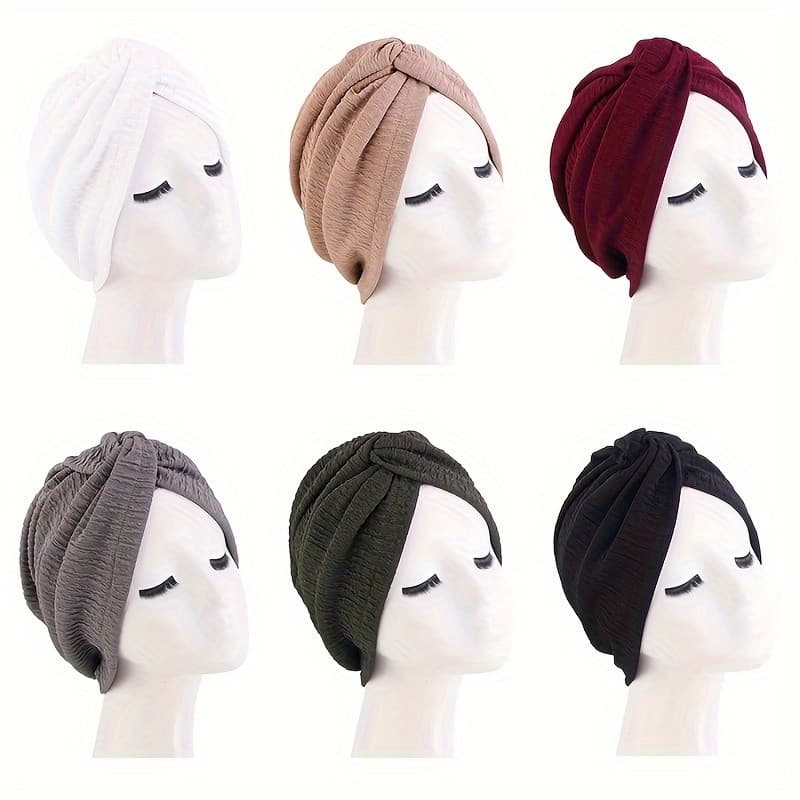 Turbante de Moda com Nó Cruzado na Testa, Chapéu de Cor Sólida, Lenços de Cabeça Plissados, Lenço Elástico, Gorros, Boné