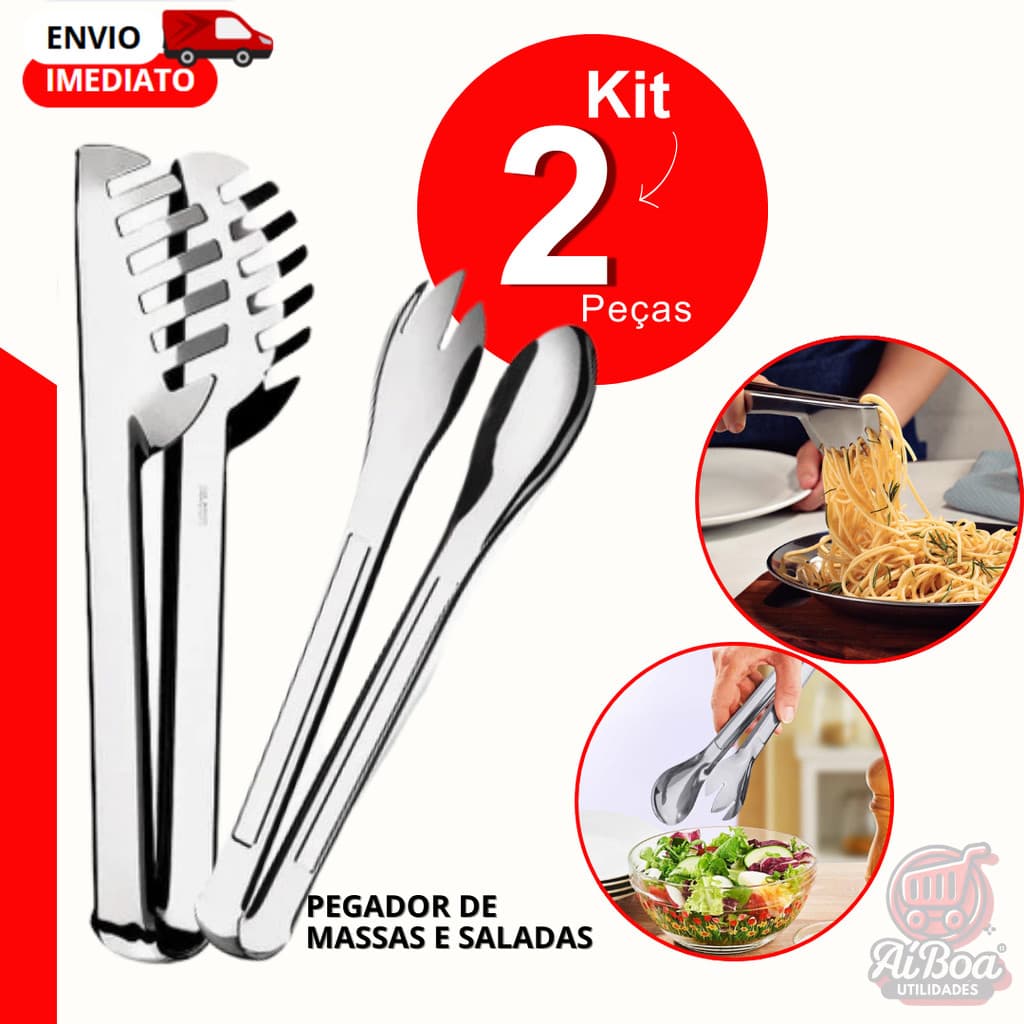 Pegador de Massas e Saladas Aço Inox - Utensílio Cozinha Resistente e Prático Kits Variados