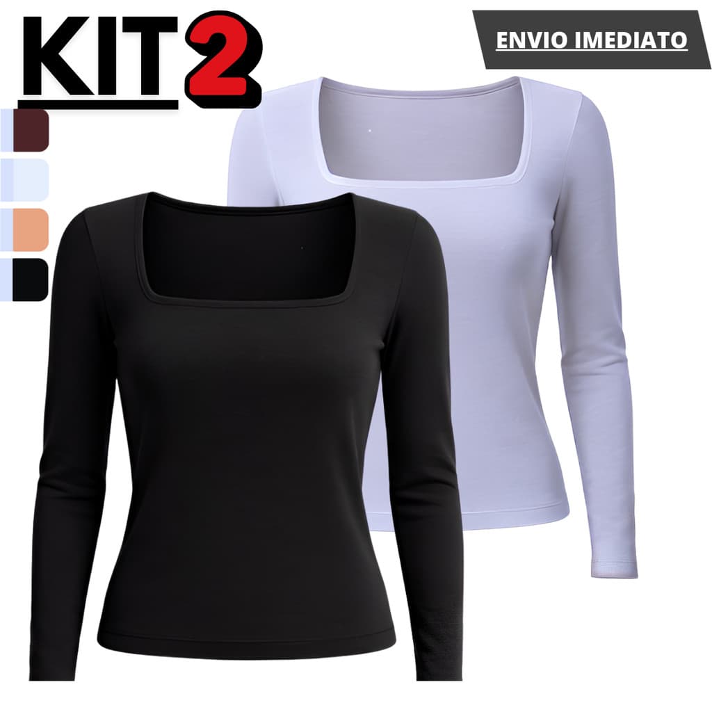 Kit 2 Blusa Feminina Manga Longa Decote Quadrado de Suplex Básica Premium