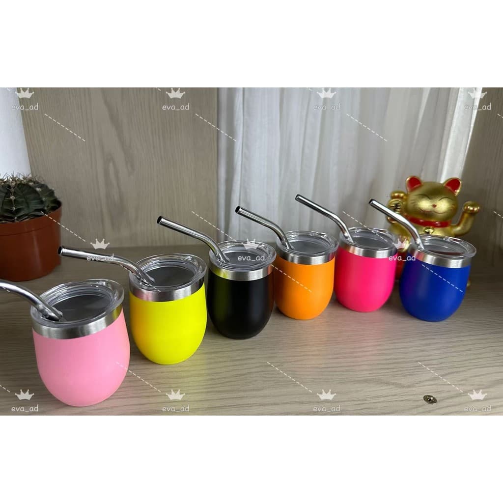 Mini Copo Ovo Cuia Térmica 70ml Em Inox Com Tampa Acrílica com Canudos de aço inoxidável