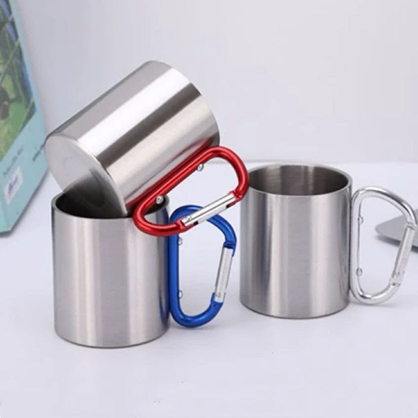 Caneca Copo Inox com Mosquetão 220ml Café e Chá Aço Inox Adventure Camping com Alça-ke home