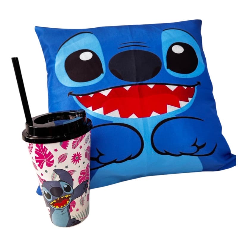 Almofada Cheia Macia 40cm Stitch + Copo Plastico Com Canudo