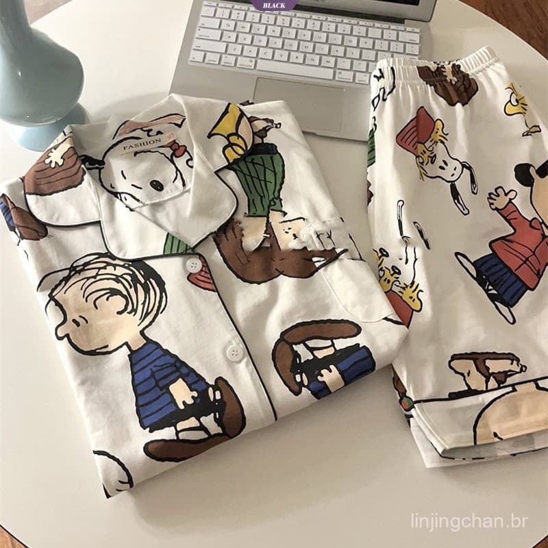 Anime Dos Desenhos Animados Charlie Brown Set Pijamas Snoopy Mulheres Novo Verão INS Shorts de Manga Curta Estilo Corean