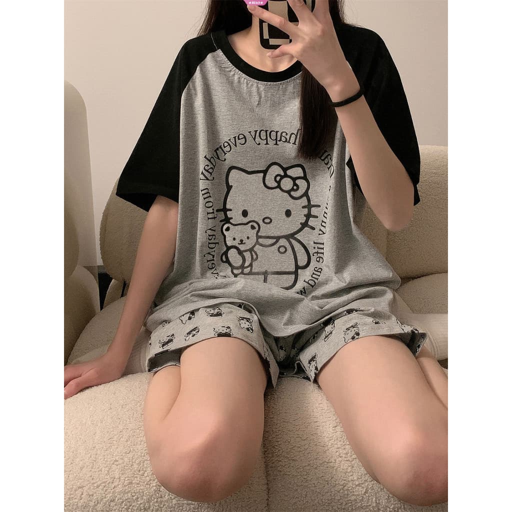 Conjunto de Pijamas Sanrio Hello Kitty, Desenho Animado, Verão, Casual, Roupa de Casa, Pijamas Soltos de Menina Anime