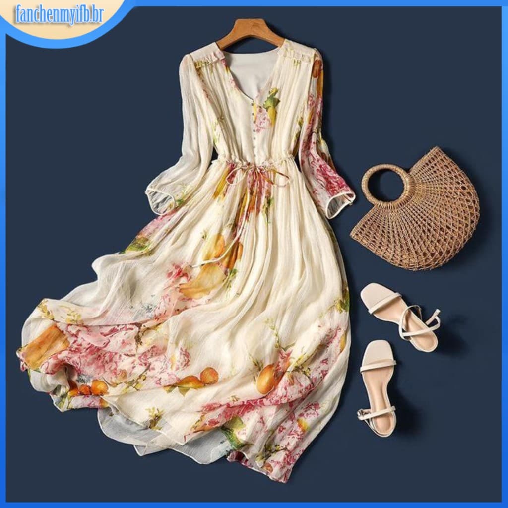 2023 Super Fada Chiffon A Linha Vestido Senhora Longo Feminino Vintage Com Decote Em V Temperamento Falso Simulação Seda