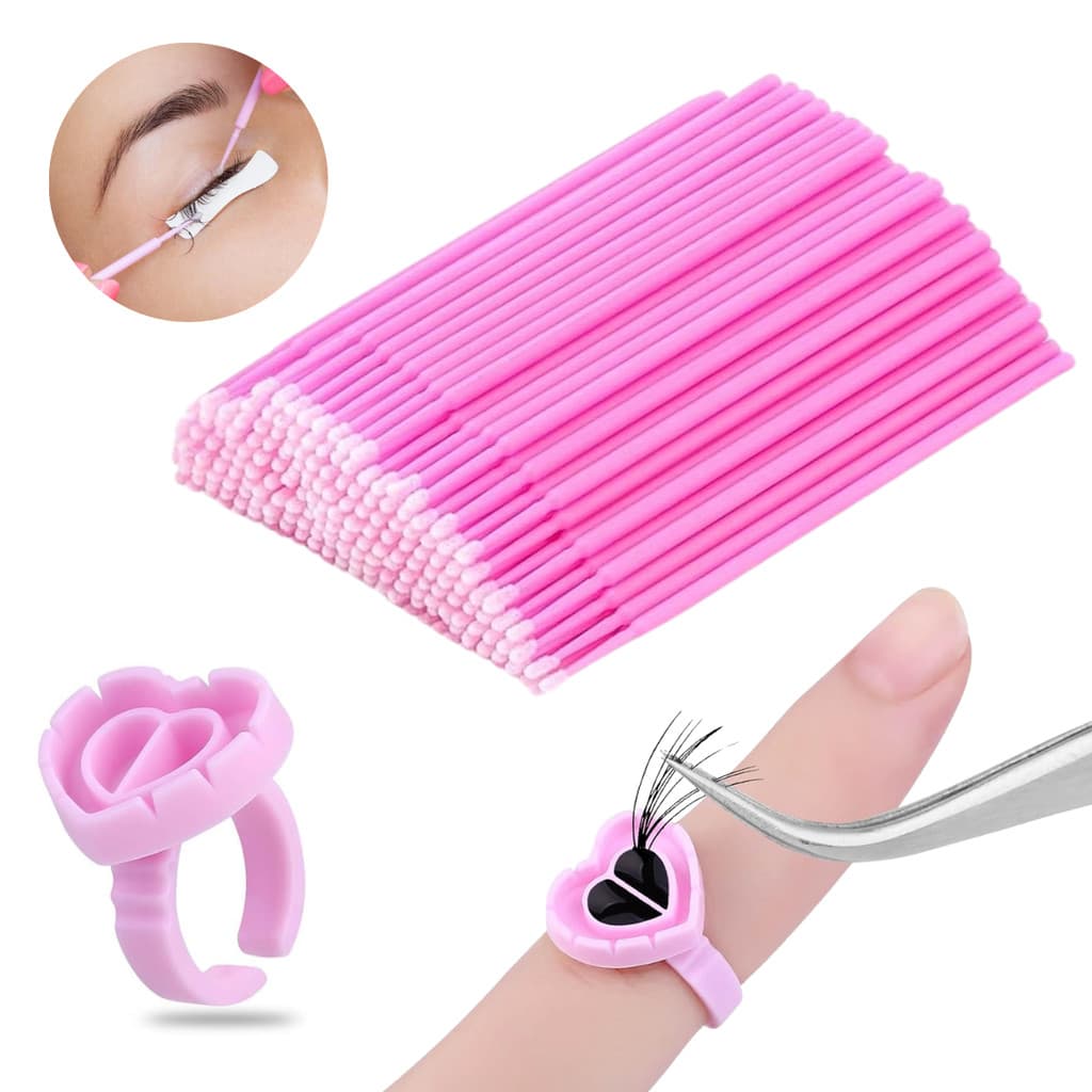 Kit 100 Microbrush Cotonete + 100 Anel Batoque Porta Cola Alongamento De Cilios