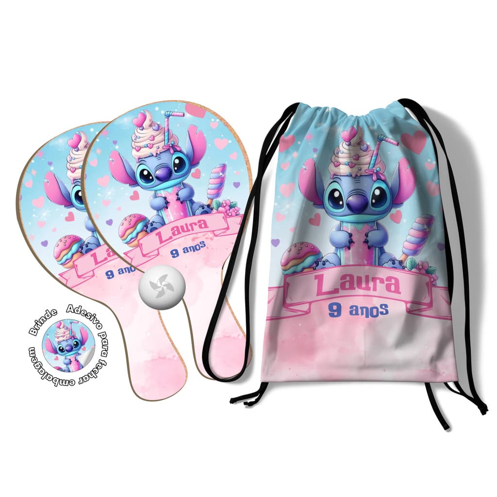 7/10/15/20/25 Kit Mochilinha e Raquetes Ping Pong - Lilo Stitch Milk Shake