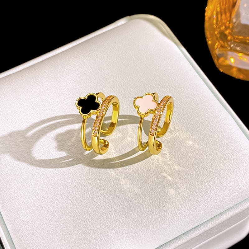 Anel Duplo de Ouro com Trevo de Quatro Folhas Coreano Elegante e Fofo Ideal como Presente para Dia dos Namorados e Dia