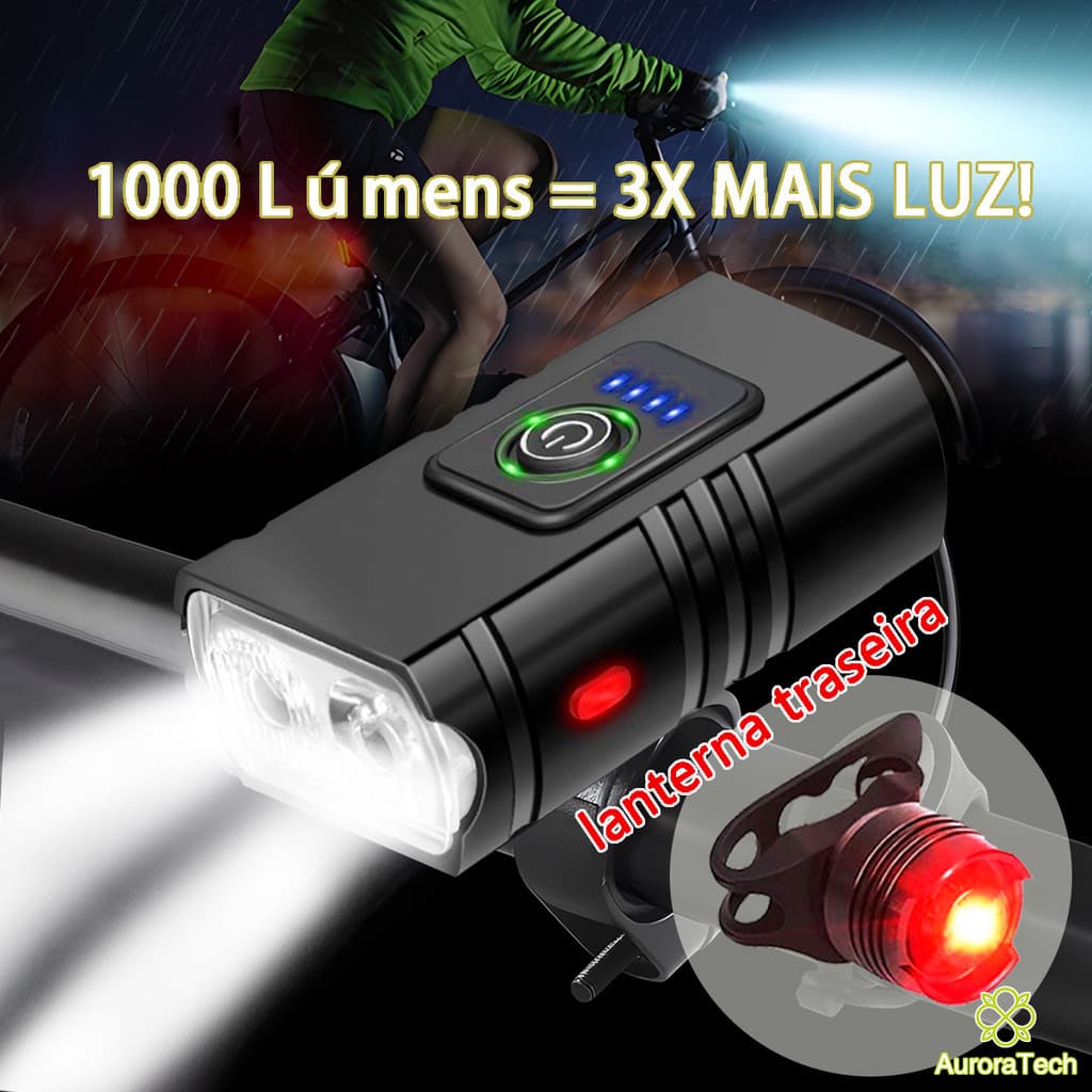 Kit Lanterna E Farol Bicicleta 2 Em1 Bik Urbana 6 Modos 10 Horas 2 LED à Prova D'água Recarregável