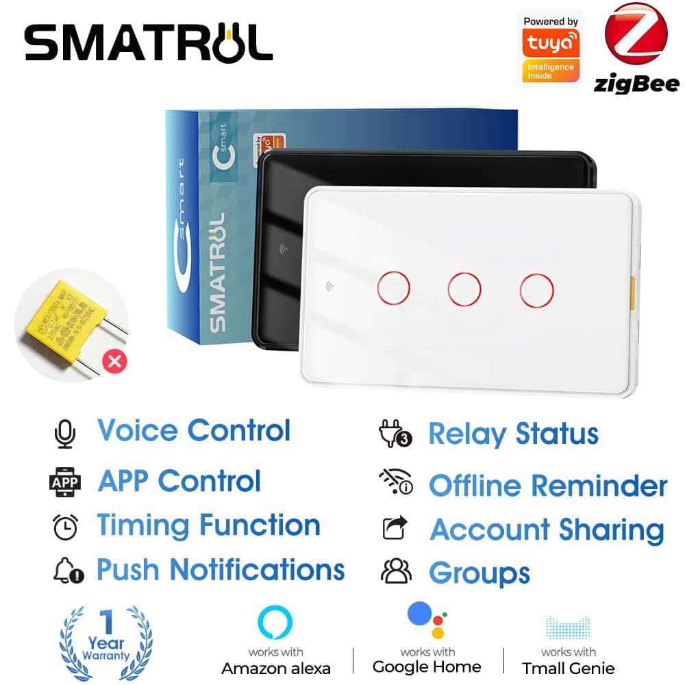 SMATRUL Tuya Zigbee Interruptor Inteligente De Toque De Luz Sem Neutro Relé Magnético De Parede De Fio US 100-250v Aplicativo De Voz Tmall Genie , Alexa , Google Home Necessidade De Capacitor