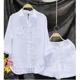 Conjunto de shorts de manga curta de linho de algodão de manga comprida