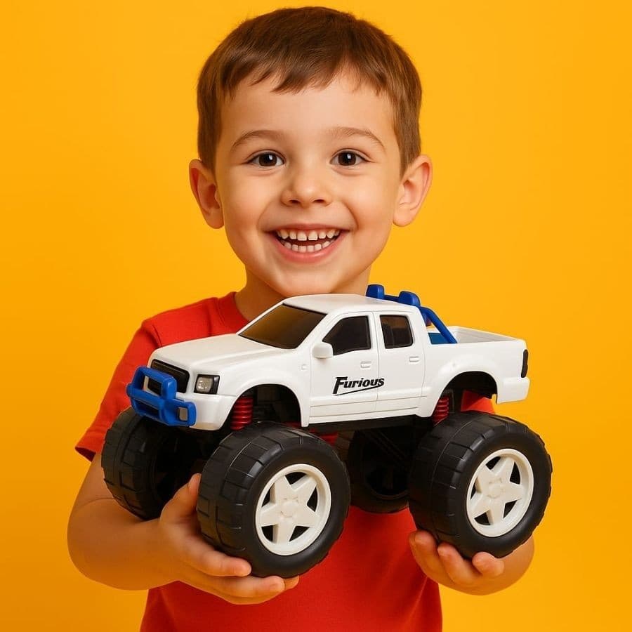 Carrinho Furious Pick-up Off Road Rodas Grandes Verde e Branco Caminhonete Brinquedo Infantil