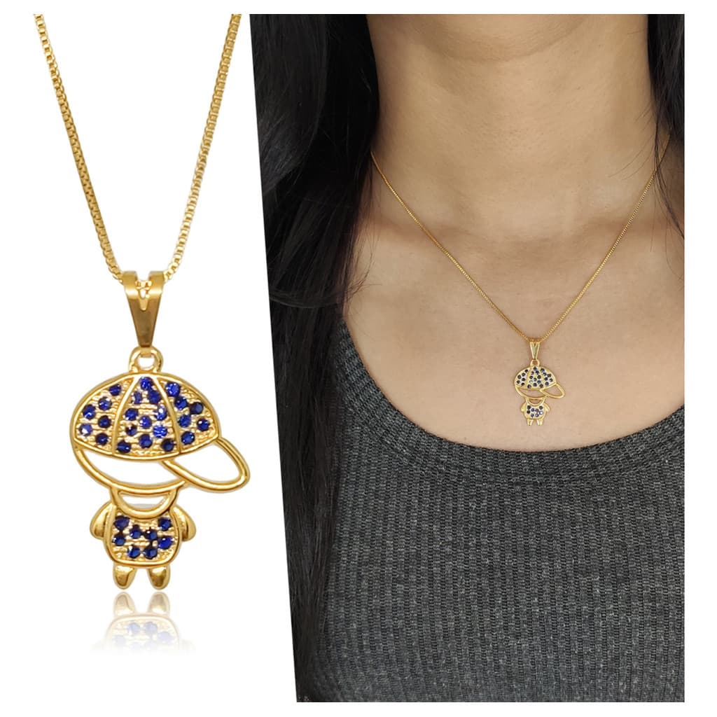 Colar Feminino Pingente Menino Cravejado Azul Delicado Lindo