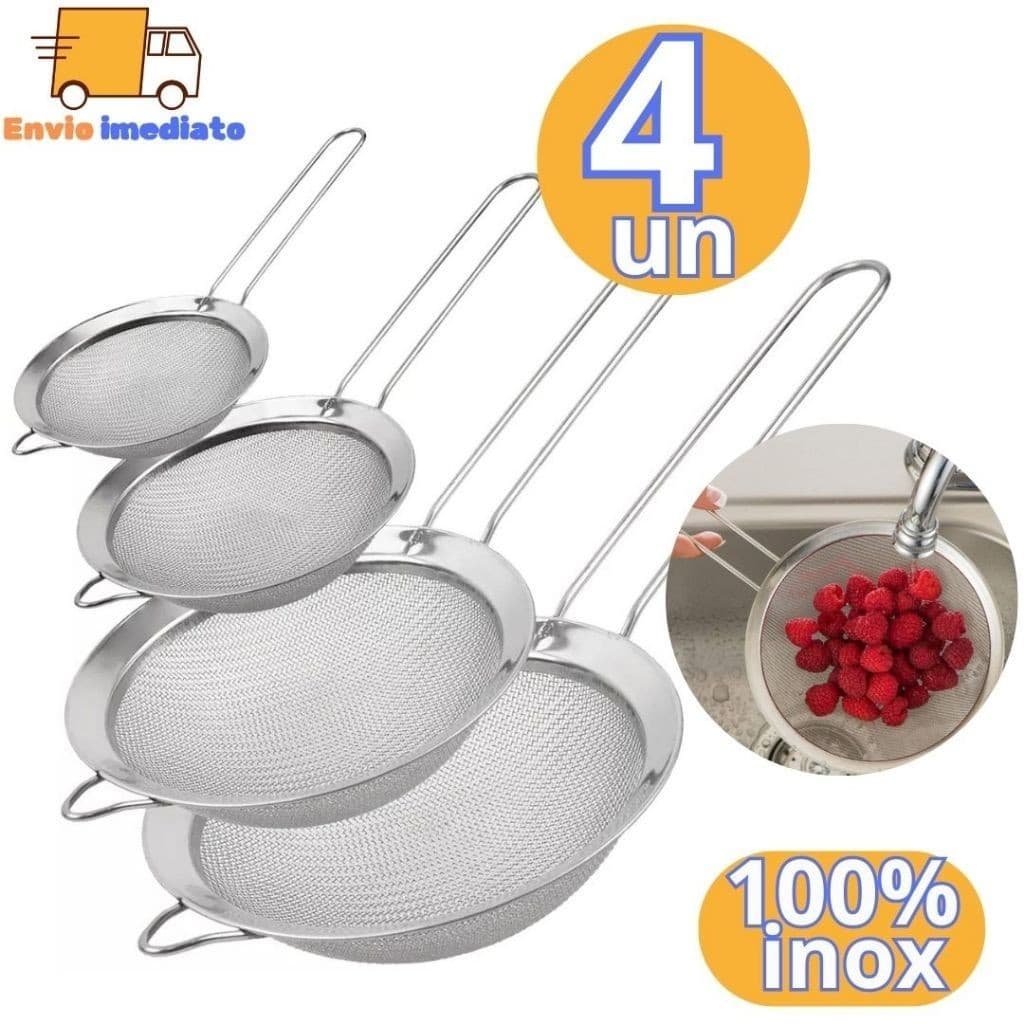 Jogo de 4 Peneira Coador Funil em Aço Inox Multifuncional Para Farinhas Alimentos Frutas uso Cozinha 10cm 12cm 16cm 18cm