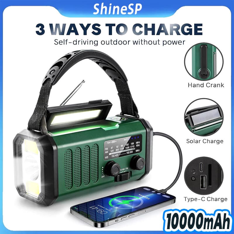 10000mAh Lanterna De Rádio Solar Portátil Multifuncional Manivela Geração De Energia De Emergência, Carregamento USB