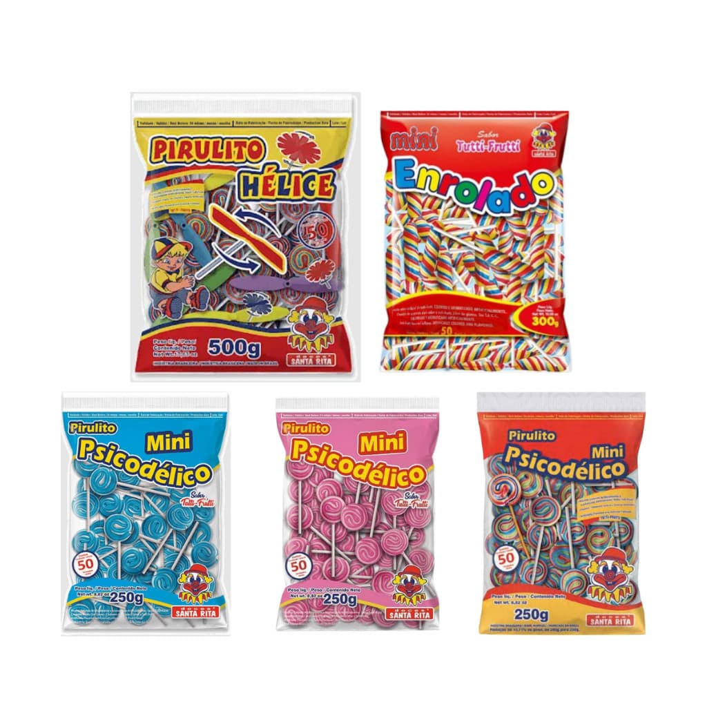 Kit 5 Pacotes Pirulitos Santa Rita Hélice Psicodélico Enrolado Festa Sacolinha
