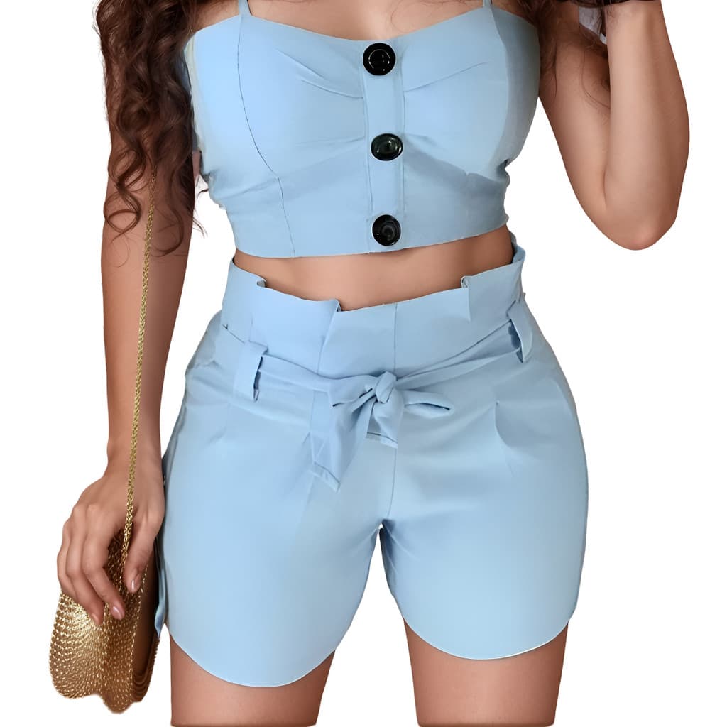 Conjunto Feminino Cropped com Bojo Forrado e Short Alfaiataria Laço Cinto