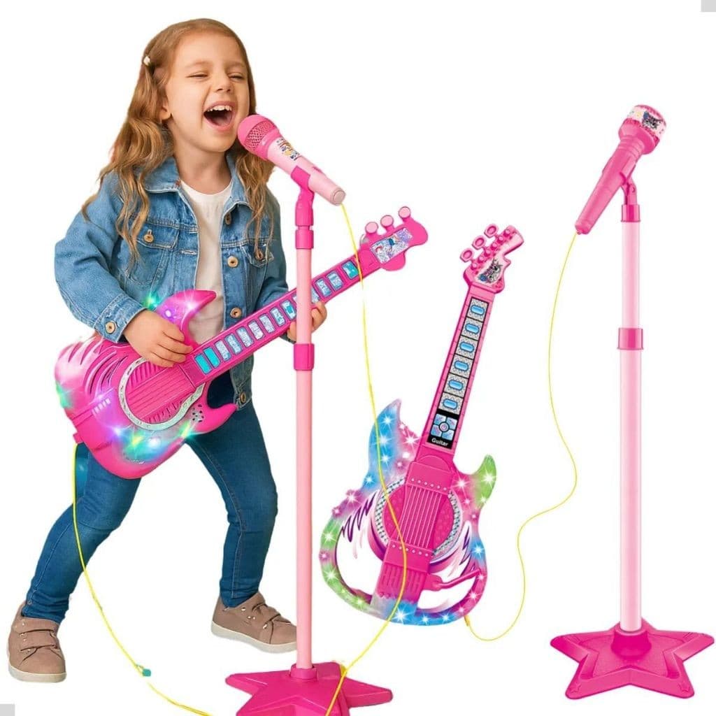 Guitarra Com Microfone e Pedestal Infantil Brinquedo Rosa