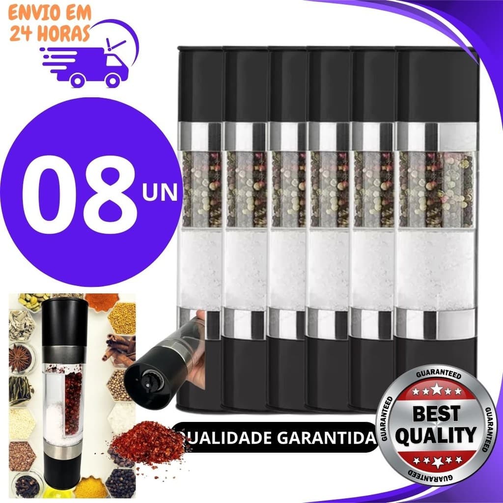 KIT 8, 4 ou 1 un Moedor 2 em 1 Sal e Pimenta com 2 Compartimentos Ajuste de Moagem Aço Inox