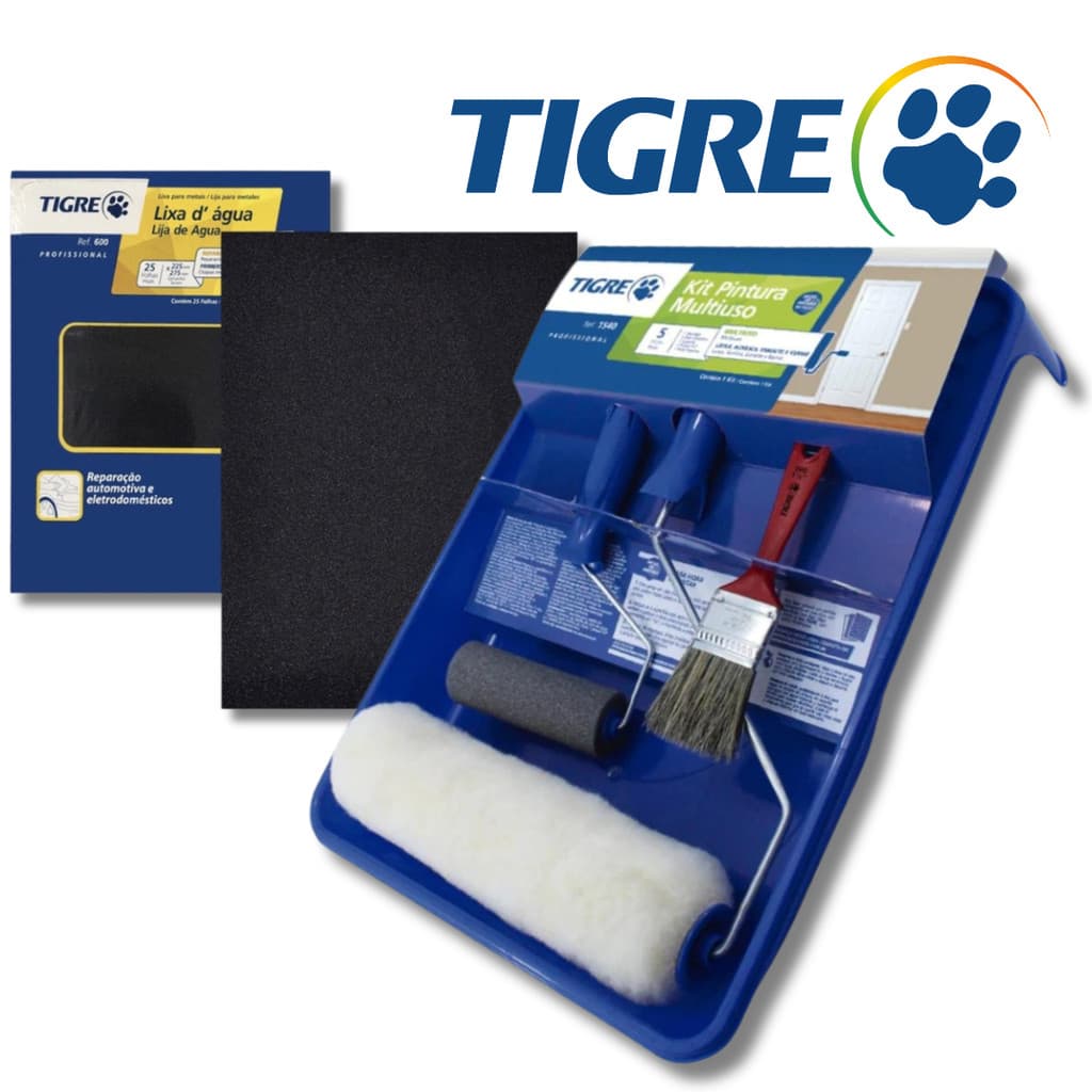 Kit de Pintura para Parede 5 Peças Tigre C/Rolo Lã Econômica + 2 Lixas D'água Tigre Kit Pintura