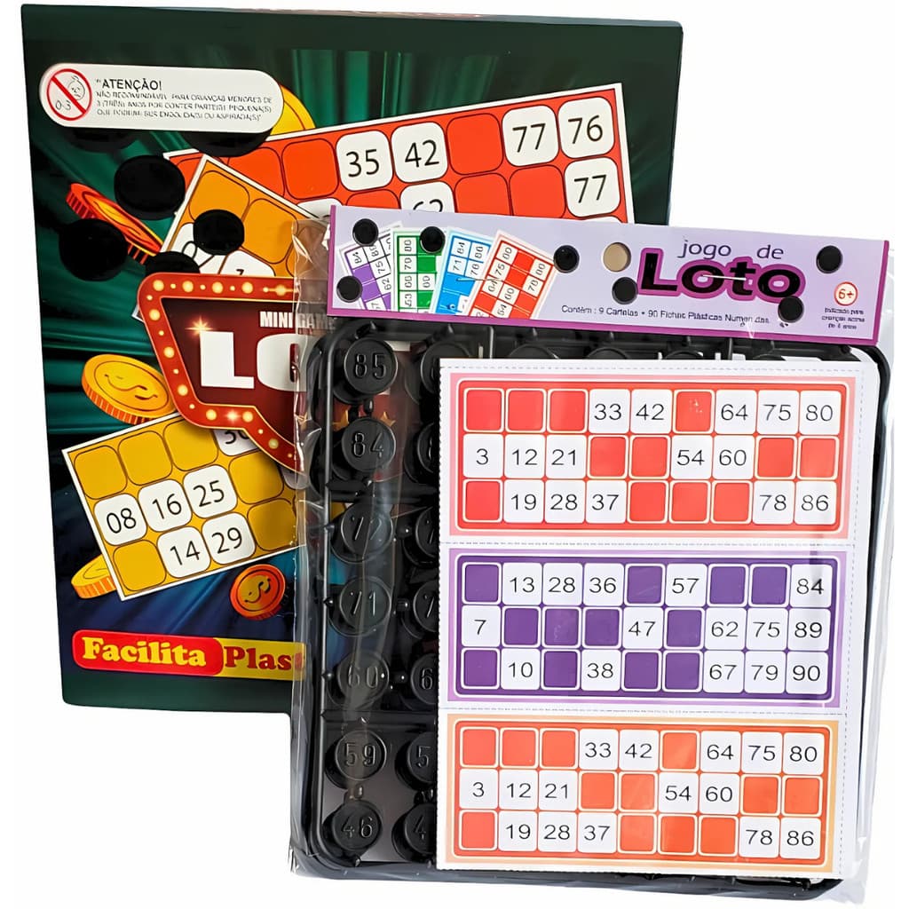 Jogo de Tabuleiro Loteria Loto Caixa conjunto 90 peças Festas em Família - Educativo para Crianças