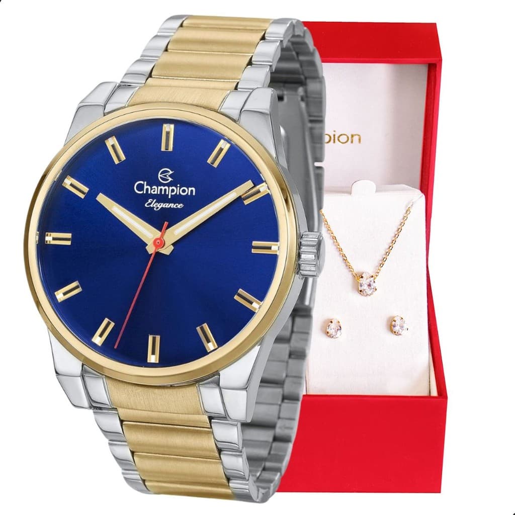 Relógio Feminino  Champion Original  Bicolor CN27590K Conjunto Colar E Brinco Dourado