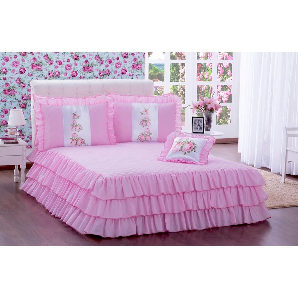 Kit Colcha com babado Sofia Casal Padrão 04 peças Rosa